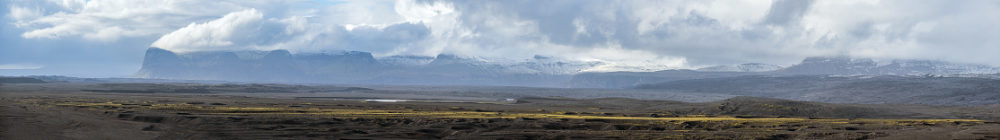 Iceland autumn tundra landscape near Haoldukvisl glacier, Iceland. Glacier tongue slides from the Vatnajokull icecap or Vatna Glacier near subglacial Esjufjoll volcano. Not far from Iceland Ring Road.