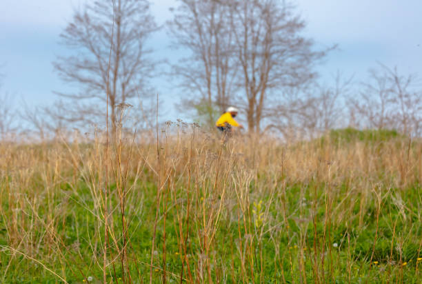 A cyclist(soft focus) in yellow jersey cycling through the green belt. Active lifestyle. Sports and outdoors concept