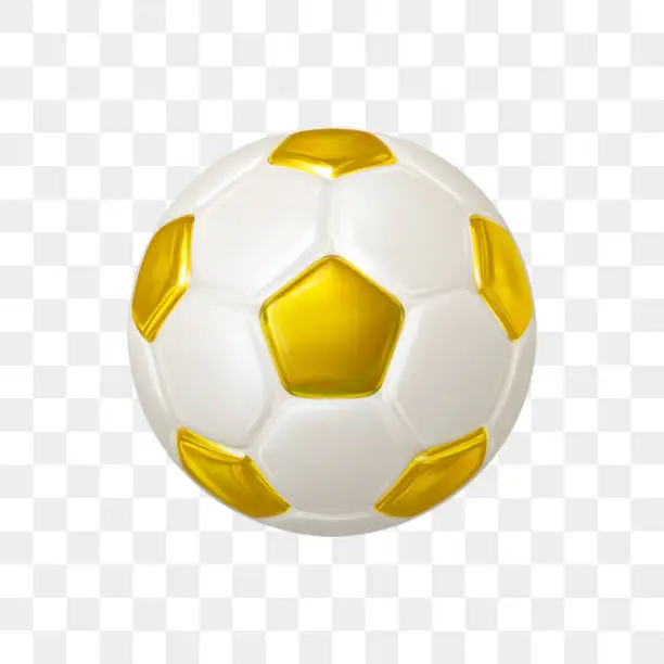 Vector illustration of Realistic Soccer Ball with gold and white colors on a transparent background.Soccer ball of classical shape made of pentagons and hexagons. Sports equipment