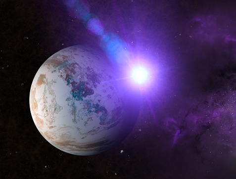 Exploration of new worlds, space and universe, new galaxies. Planets in backlight. Exoplanets. Solar systems. 3d render