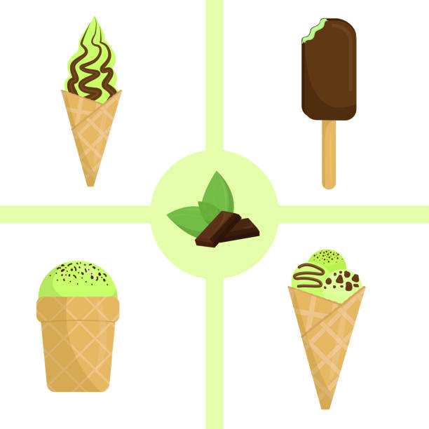 illustrazioni stock, clip art, cartoni animati e icone di tendenza di gelato alla menta con set di cioccolato - ice cream dark backgrounds close up