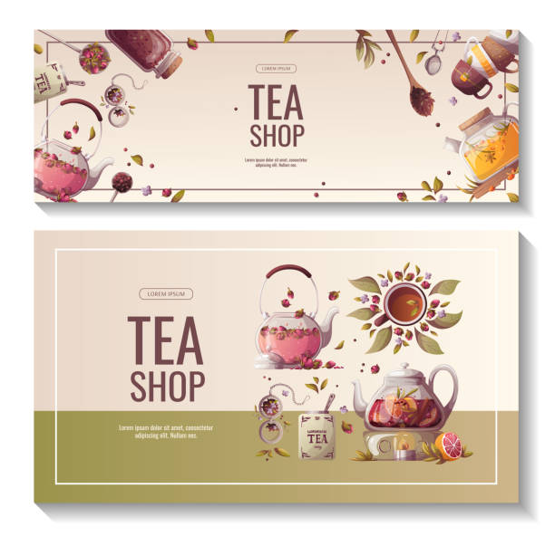 набор баннеров с чайниками, ложками и баночкой рассыпного чая, чай�ными чашками. - food jar backgrounds breakfast stock illustrations
