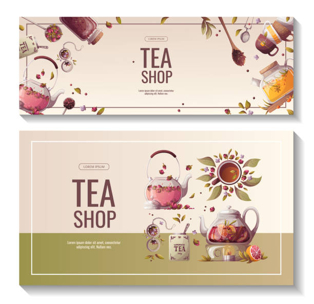 Set of banners with teapots, spoons and jar of loose tea, teacups. Set of banners with teapots, spoons and jar of loose tea, teacups. Tea shop, cafe-bar, tea party, beverages, kitchen concept. Vector illustration for poster, banner, flyer, menu, advertising. dried tea leaves stock illustrations