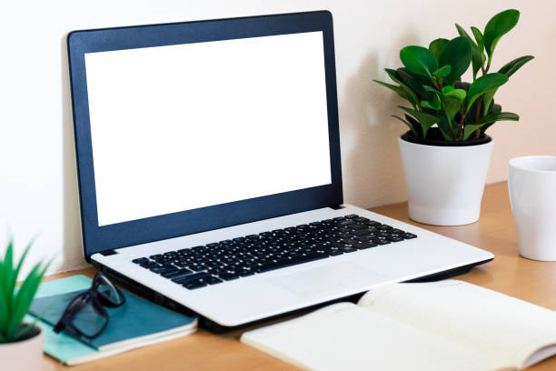 istock Mockup Copy Space Computer Notebook Laptop Concept , keyboards on laptop computer with balnk copy screen for your advertising content, White screen. 1398642195