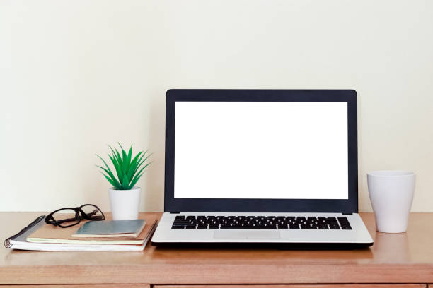 istock Mockup Copy Space Computer Notebook Laptop Concept , keyboards on laptop computer with balnk copy screen for your advertising content, White screen. 1398642266