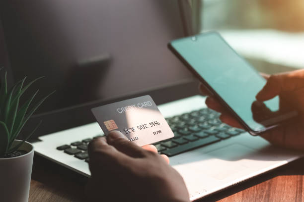 istock Using smartphone for online shopping. Credit card internet pay. 1398642297
