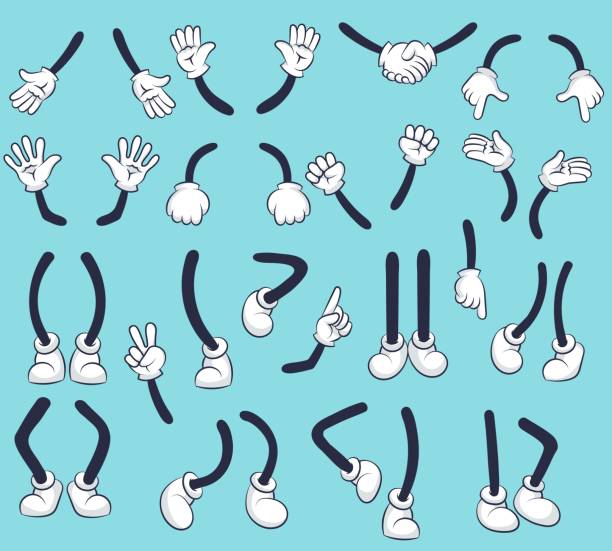 Comic mascot limbs Comic limbs. Cartoon mascot hands in gloves and legs in shoes expressions, funny gestures and positions body parts, foots and arms clipart isolated on background human limb stock illustrations