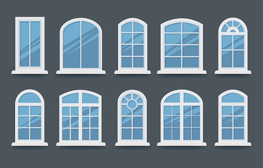 Windows vision. Illustrative home facade glasses window elements, architecture housing white windowes various types isolated on back, architectural house wintow glass frames