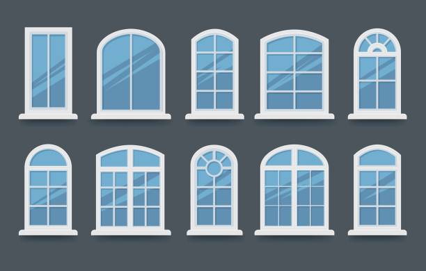 Windows vision facade glasses Windows vision. Illustrative home facade glasses window elements, architecture housing white windowes various types isolated on back, architectural house wintow glass frames window frame stock illustrations