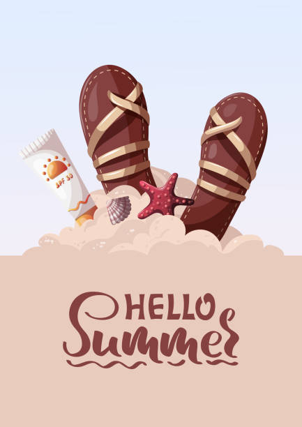 sommerkarte oder cover mit sonnencreme, sandalen und muscheln. - fashion group of objects shoe boot stock-grafiken, -clipart, -cartoons und -symbole