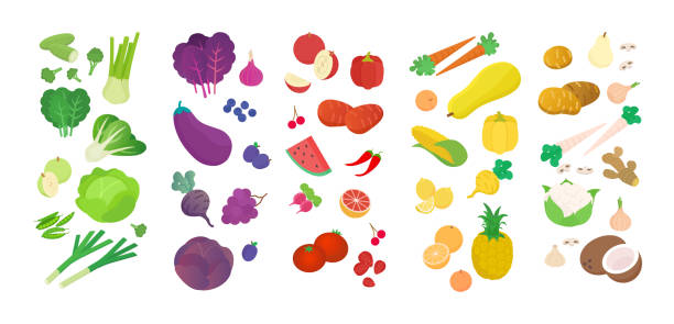 illustrazioni stock, clip art, cartoni animati e icone di tendenza di arcobaleno isometrico di frutta e verdura - light vegetarian food garlic spice