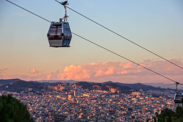 Barcelona panoramic view, Spain. Cable car, Teleferic de Montjuic stock photo
