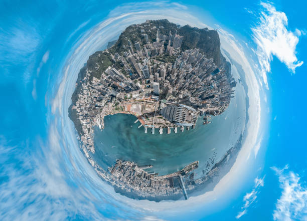 Photo of Aerial view panorama cityscape of Hong Kong city in tiny planets effect