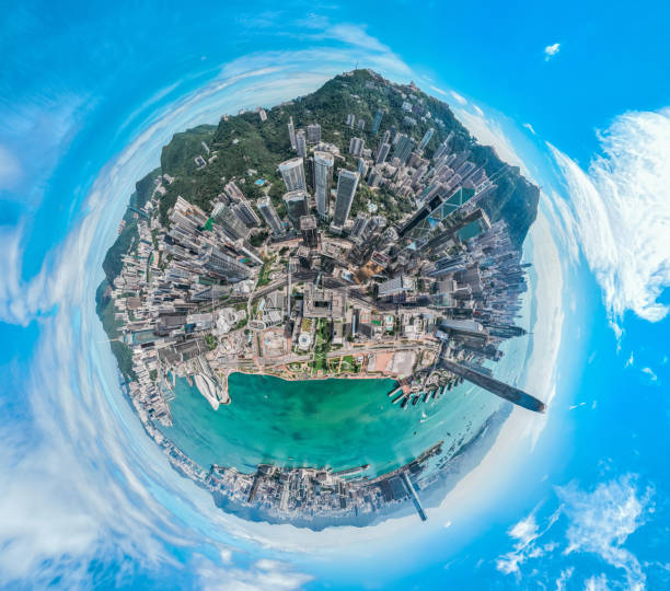 Aerial view panorama cityscape of Hong Kong city in tiny planets effect stock photo