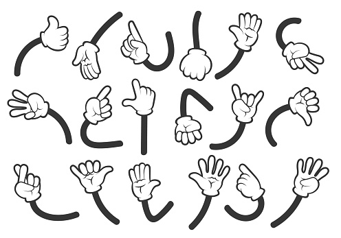 Mascot hand gestures. Cartoon arm poses, comic character isolated hands parting vector illustration, retro animation movement different signs on white