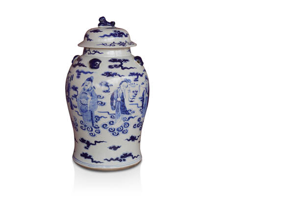 istock beautiful white and blue ceramic lid on vase on white background, object, decor, retro, vintage, copy space 1398647784