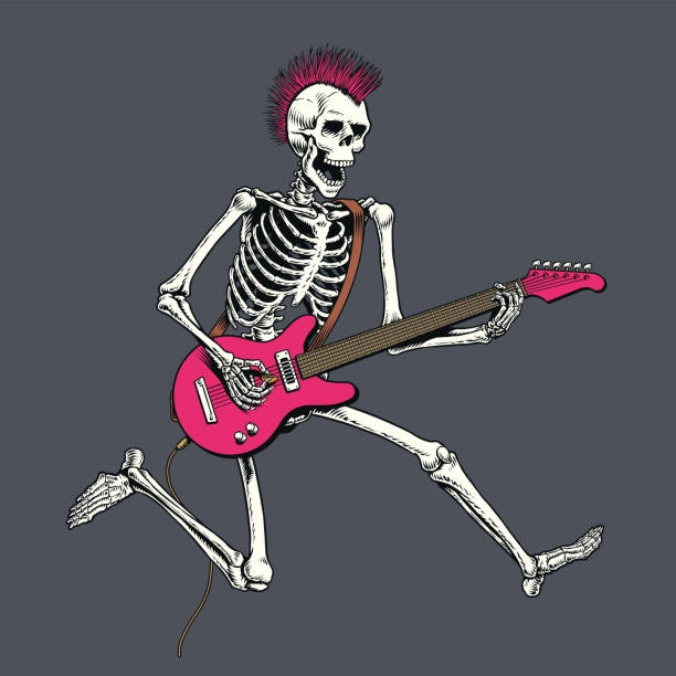 ilustrações, clipart, desenhos animados e ícones de esqueleto punk rock guitarrista saltando. ilustração vetorial. - rock and roll illustrations