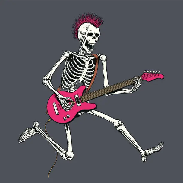 Vector illustration of Skeleton punk rock guitar player jumping. Vector illustration.