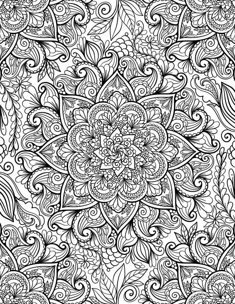 Ornamental mandala adult coloring book page. Zentangle style coloring page. Arabic, Indian ornament line art. Ornamental mandala adult coloring book page. Zentangle style coloring page. Arabic, Indian ornament. coloring book cover stock illustrations