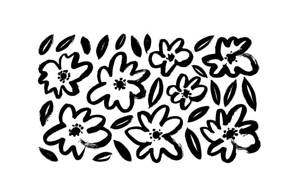 Chamomile hand drawn painted vector set. Chamomile hand drawn painted vector set. Ink drawing linear flowers, black and white botanical cliparts. Isolated floral elements. Vector brush flower silhouettes in rustic style. Black ink texture. daisy flower spring marguerite stock illustrations