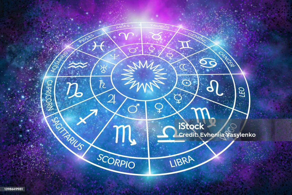 Astrology. Zodiac circle on the background of the cosmos space. The science of stars and planets. Esoteric knowledge. Ruler planets. Twelve signs of the zodiac Abstract Stock Photo