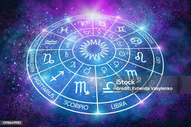 Astrology Zodiac Circle On The Background Of The Cosmos Space The Science Of Stars And Planets Esoteric Knowledge Ruler Planets Twelve Signs Of The Zodiac Stock Photo - Download Image Now