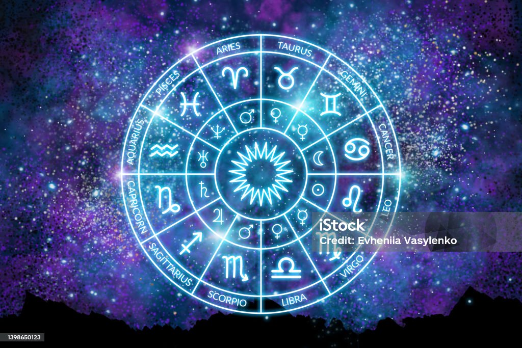 Zodiac circle on the background of the dark cosmos. Astrology. The science of stars and planets. Esoteric knowledge. Ruler planets. Twelve signs of the zodiac Abstract Stock Photo