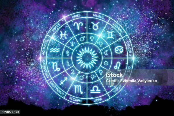 Zodiac Circle On The Background Of The Dark Cosmos Astrology The Science Of Stars And Planets Esoteric Knowledge Ruler Planets Twelve Signs Of The Zodiac Stock Photo - Download Image Now