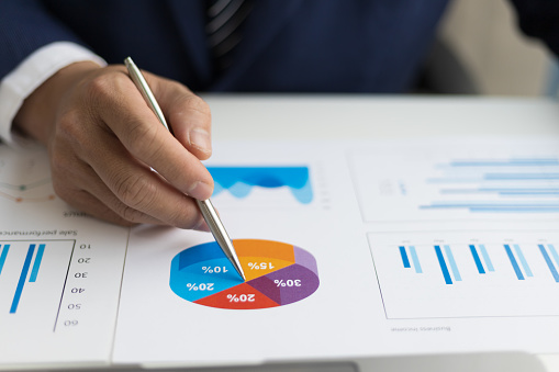 Businessman pointing to a profitability pie chart performance analysis with financial data and market growth report graph.