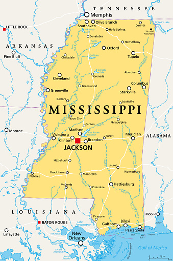 Mississippi, MS, political map, with capital Jackson, important cities, rivers and lakes. State in the Southeastern region of the United States, nicknamed The Magnolia State and The Hospitality State.