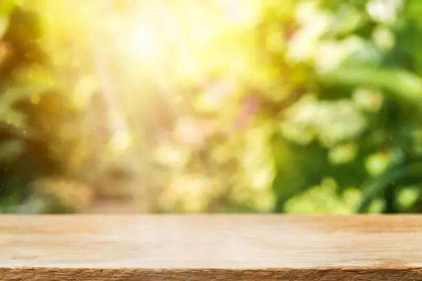 Photo of Empty wooden table with sunny background - product placement