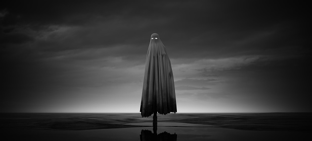 Creepy Ghost Walking Woman Sheet with Glowing White Eyes Wet Beach Dusk Paranormal Black and White 3d illustration render