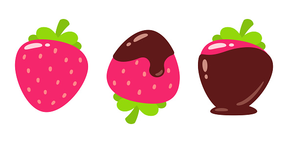 Cartoon strawberry dipped in chocolate. Vector clip art illustration set.