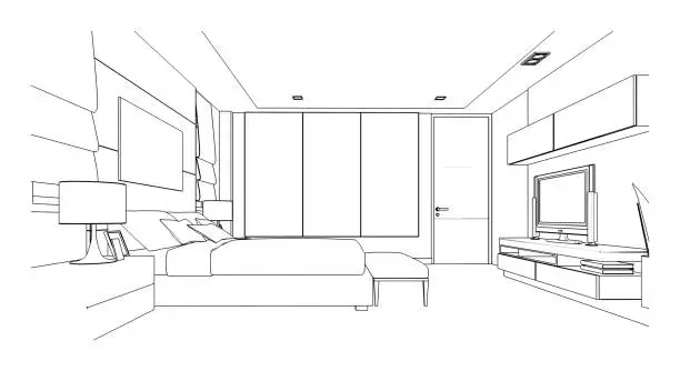 Vector illustration of line drawing of bedroom,Modern design,3d rendering