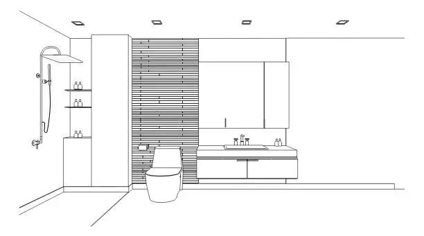 Vector illustration of line drawing of bathroom,Modern design,3d rendering