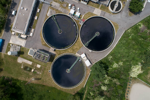 istock Water Treatment plant aerial view 1398658352
