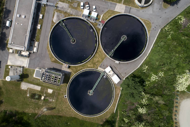 istock Water Treatment plant aerial view 1398658489