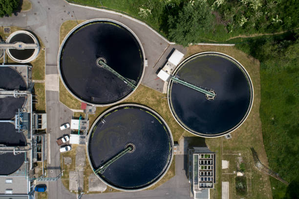 istock Water Treatment plant aerial view 1398658490