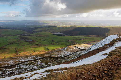 Scene of the surrounding countryside from the top of Pendle Hill near Clitheroe in Lancashire, England.