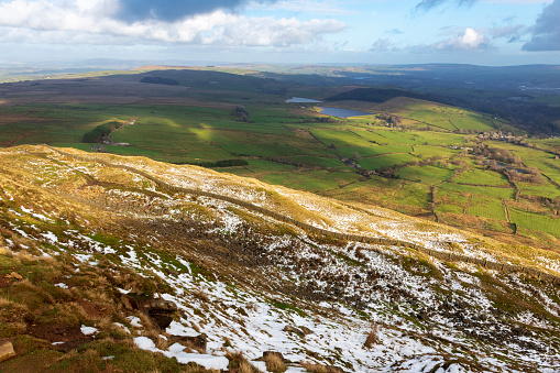 Distant view of reservoirs seen from Pendle Hill in Lancashire, England.
