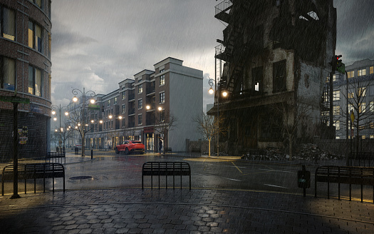 Digitally generated rainy late autumn afternoon in the city.\n\nThe scene was created in Autodesk® 3ds Max 2022 with V-Ray 5 and rendered with photorealistic shaders and lighting in Chaos® Vantage with some post-production added.