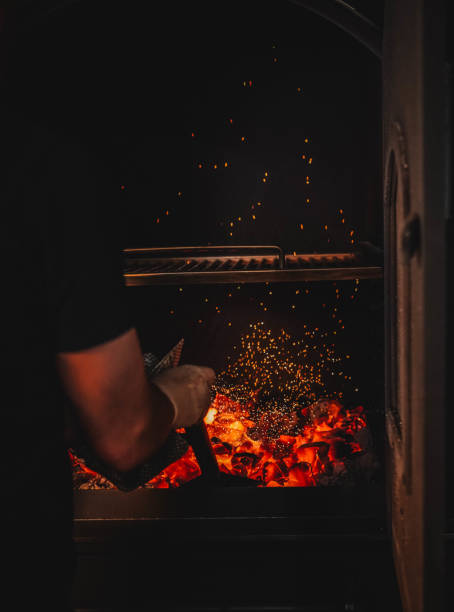 istock Image of burning coals in a restaurant grill 1398662353