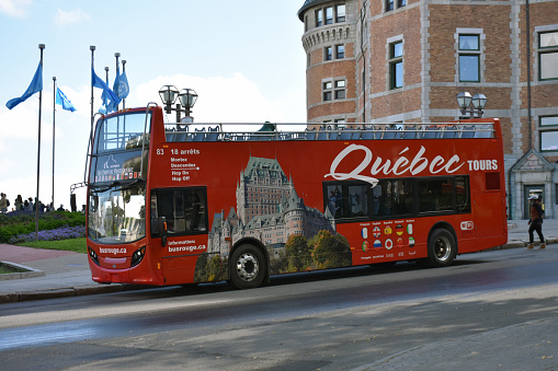 Building Exterior, People, Quebec City Sightseeing Open Top Tour Bus Scenery During Autumn Season In Quebec City Canada North America
