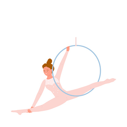 Circus gymnast artist with ring. Air athlete performing arena presentation vector illustration