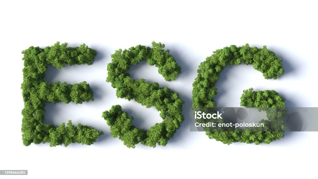 Forest ESG 3d Forest letters ESG on white background Environmental Social Corporate Governance - ESG Stock Photo