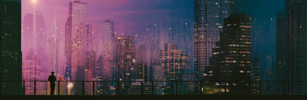 istock Businessman standing using smartphone in modern space watching city night view.Business Wireless network and Connection technology concept. 1398667007