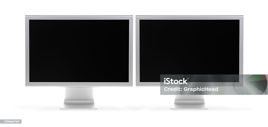 Two white LCD, extra hi-red, monitors that are turned off Front shot of dual flat panel monitors (LCD). Isolated on white. EXRTA HI-RES! Computer Monitor Stock Photo