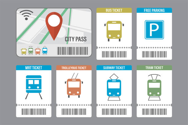 illustrations, cliparts, dessins animés et icônes de city pass, carte de transport. paiement sans contact des tarifs de transport. billets pour voyager dans les transports en commun. ensemble de six billets papier avec pictogrammes. - farnes