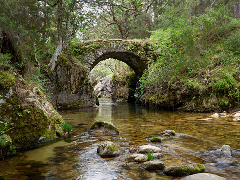 Angostura stone brigde over Lozoya river in Rascafría. Guadarrama mountains, community of Madrid, Spain, Europe