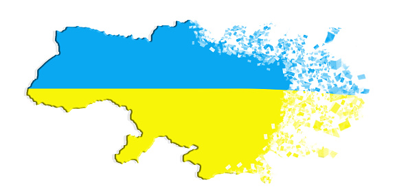 Map of Ukraine shatters into pieces on a white background.